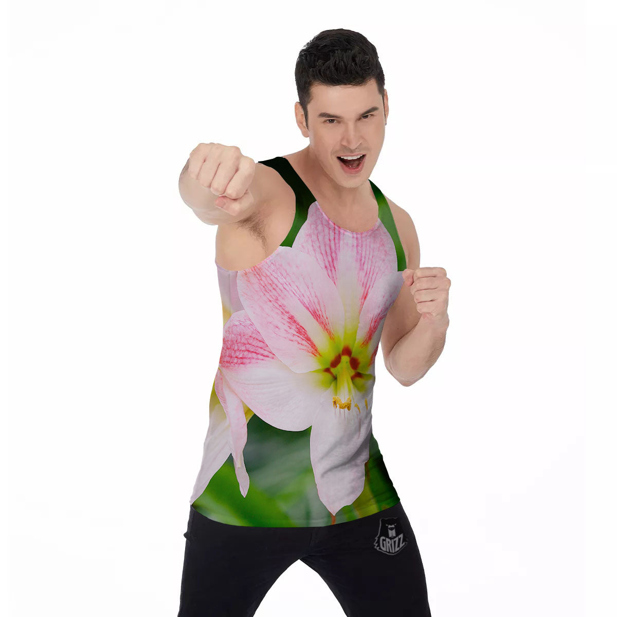 Amaryllis Pink And White Print Men's Tank Top-grizzshop