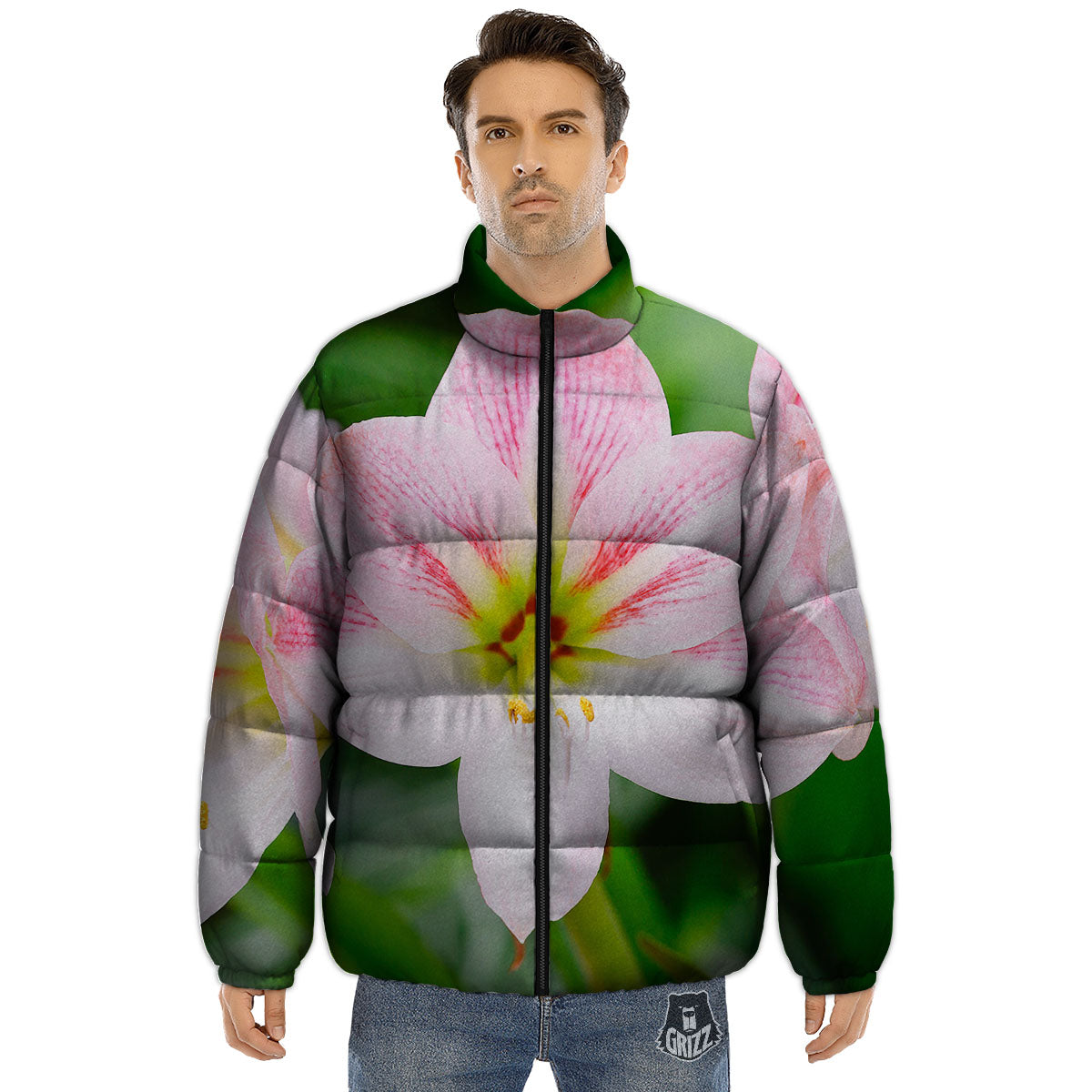 Amaryllis Pink And White Print Puffer Jacket-grizzshop