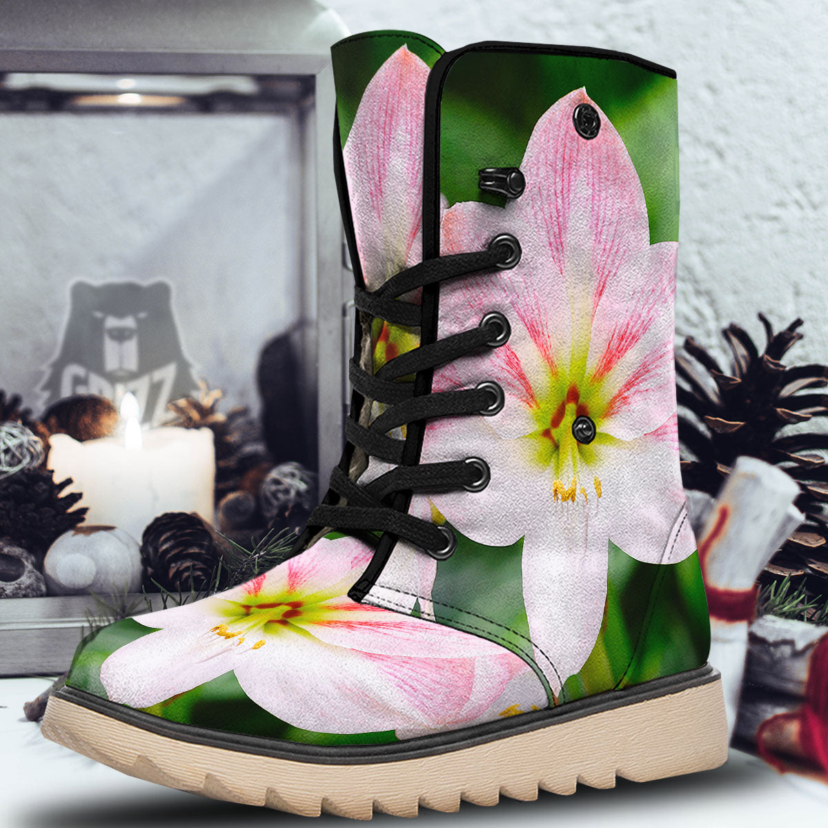 Amaryllis Pink And White Print Snow Boots-grizzshop