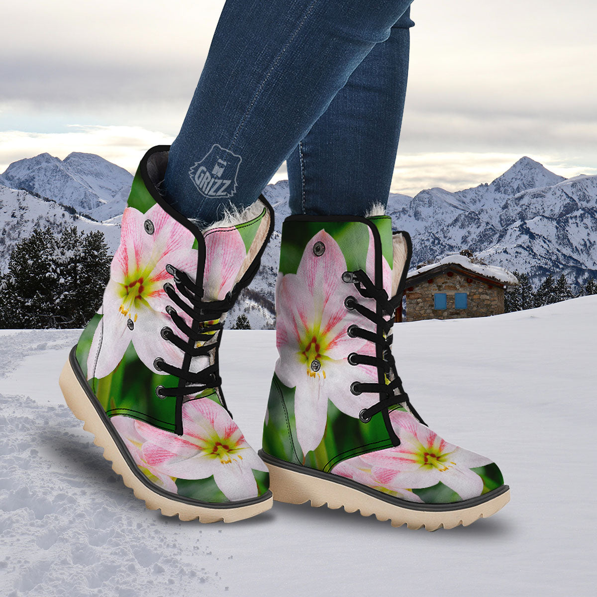 Amaryllis Pink And White Print Snow Boots-grizzshop
