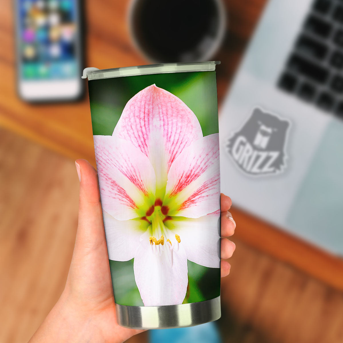 Amaryllis Pink And White Print Tumbler-grizzshop