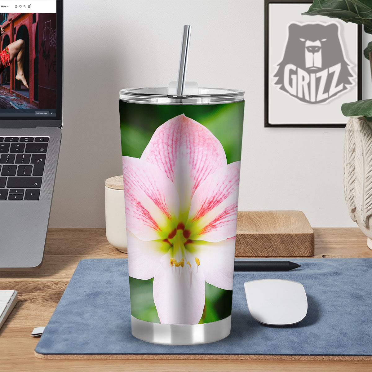 Amaryllis Pink And White Print Tumbler-grizzshop