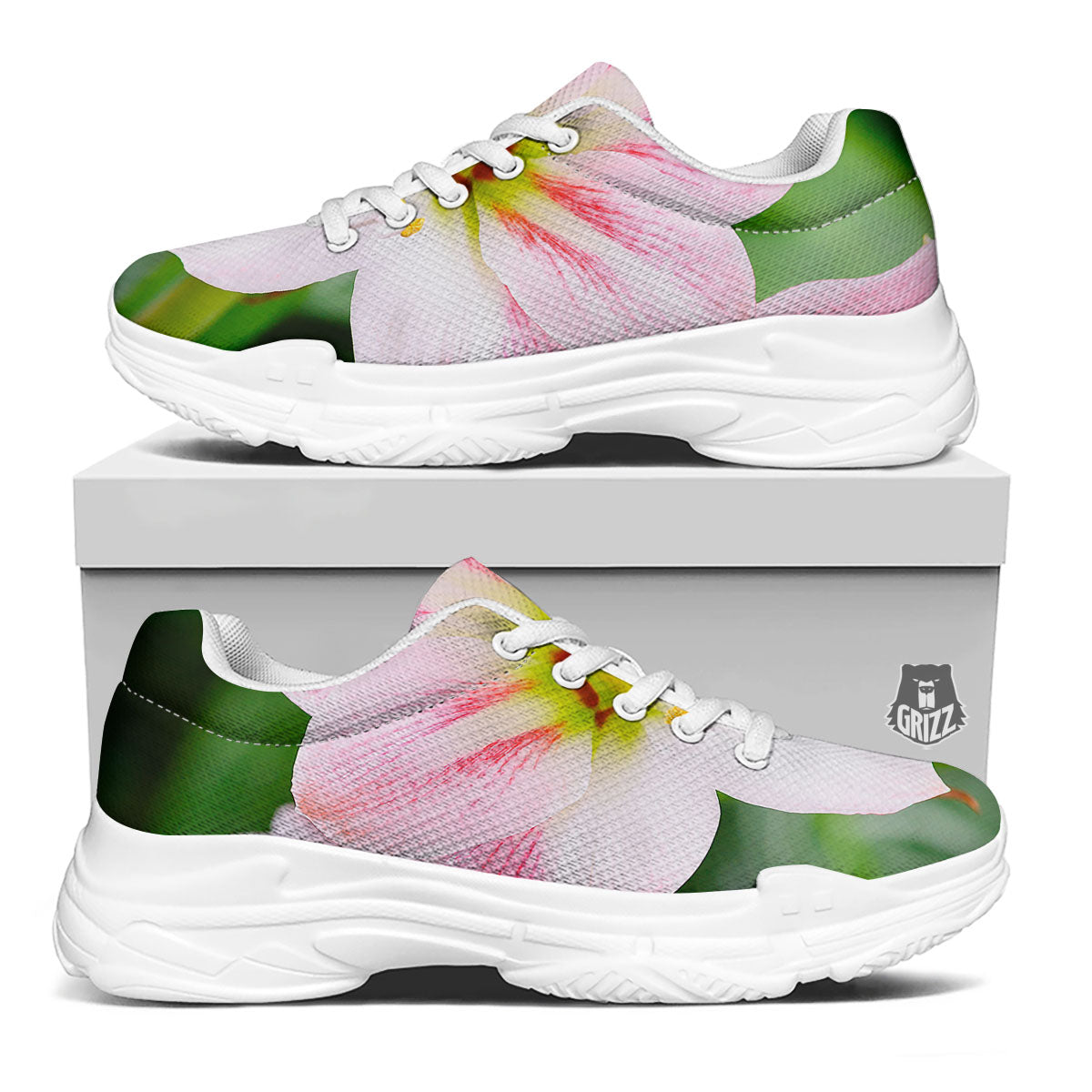 Amaryllis Pink And White Print White Chunky Shoes-grizzshop