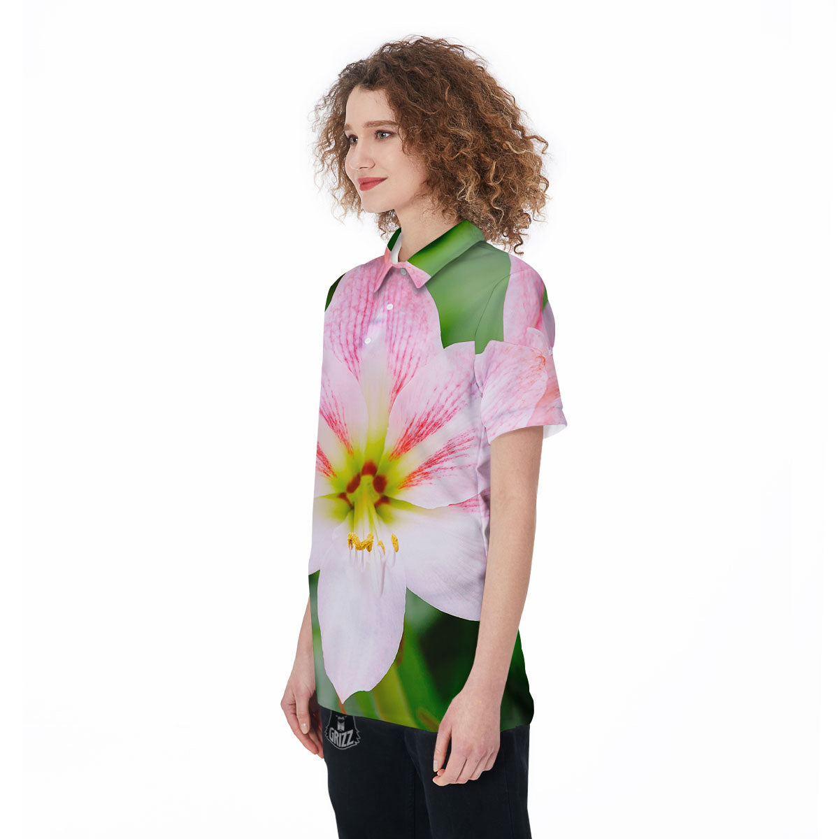 Amaryllis Pink And White Print Women's Golf Shirts-grizzshop