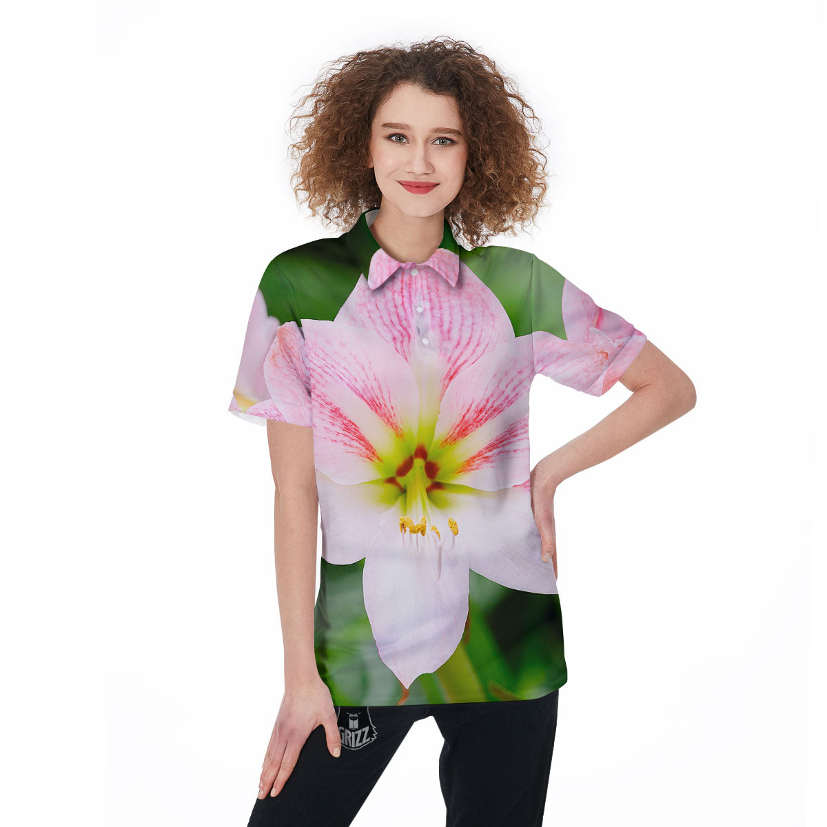 Amaryllis Pink And White Print Women's Golf Shirts-grizzshop