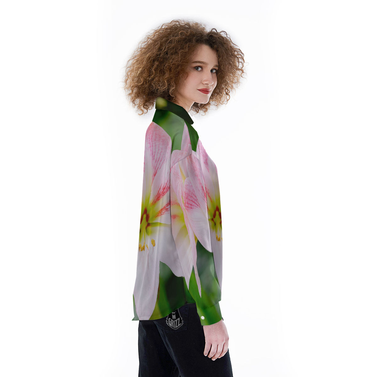 Amaryllis Pink And White Print Women's Long Sleeve Shirts-grizzshop