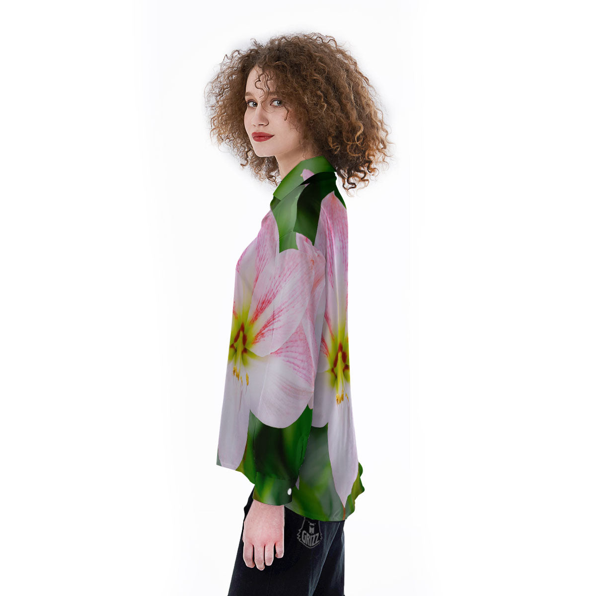 Amaryllis Pink And White Print Women's Long Sleeve Shirts-grizzshop