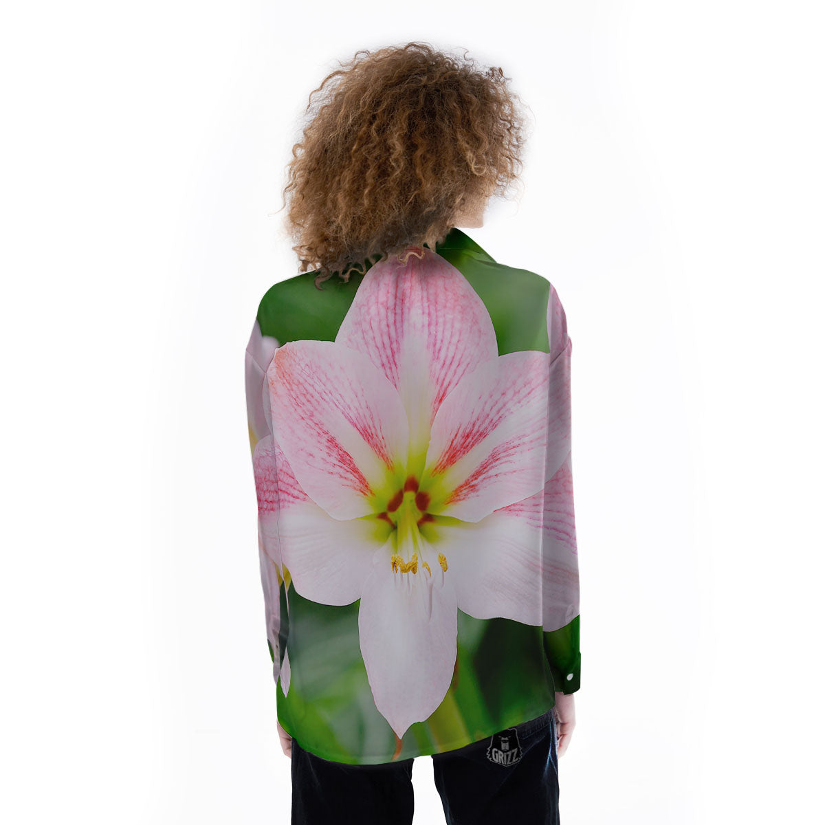 Amaryllis Pink And White Print Women's Long Sleeve Shirts-grizzshop