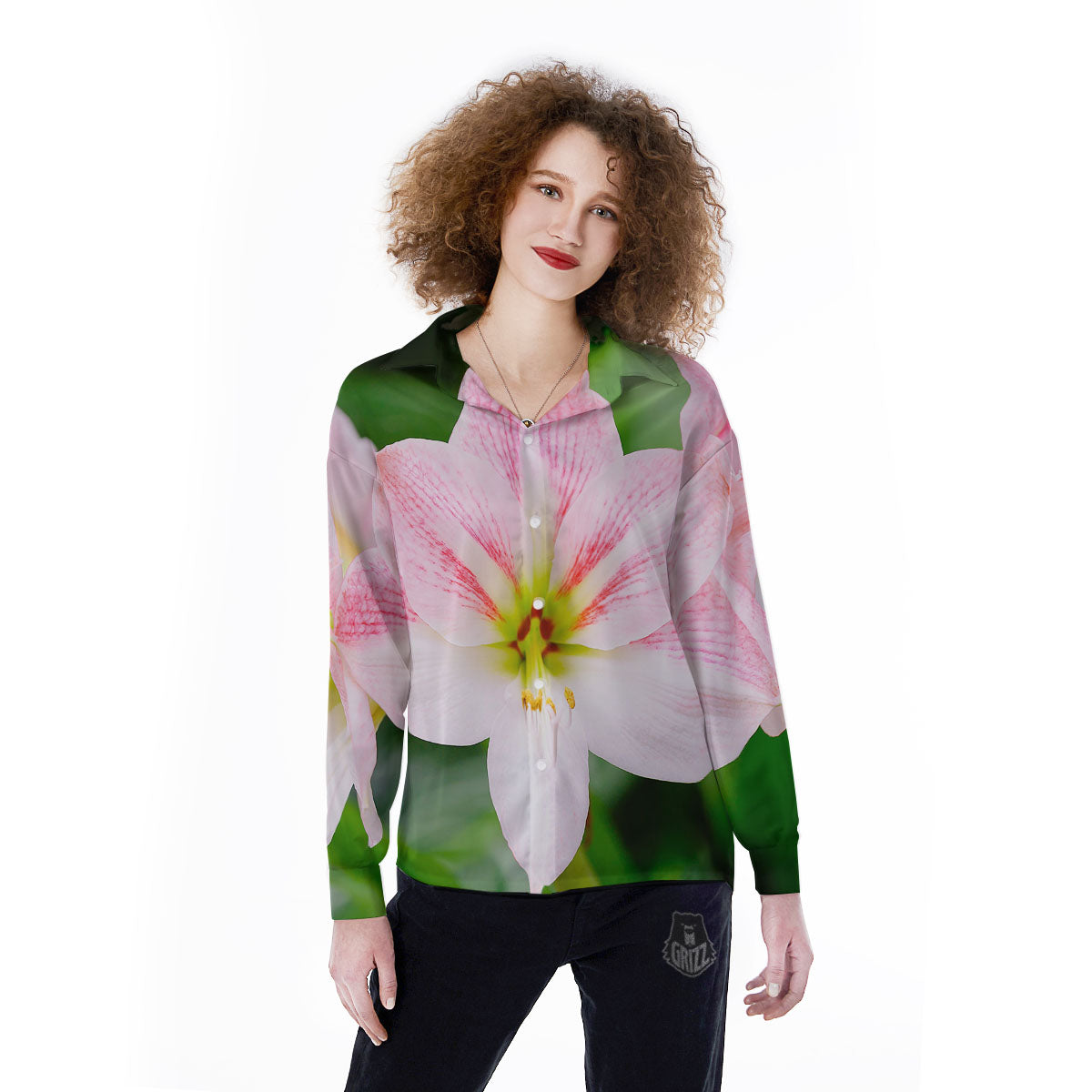 Amaryllis Pink And White Print Women's Long Sleeve Shirts-grizzshop
