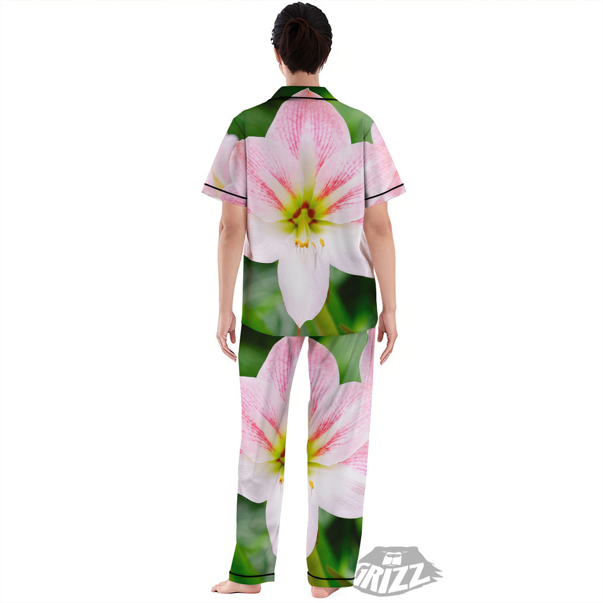 Amaryllis Pink And White Print Women's Pajamas Set-grizzshop