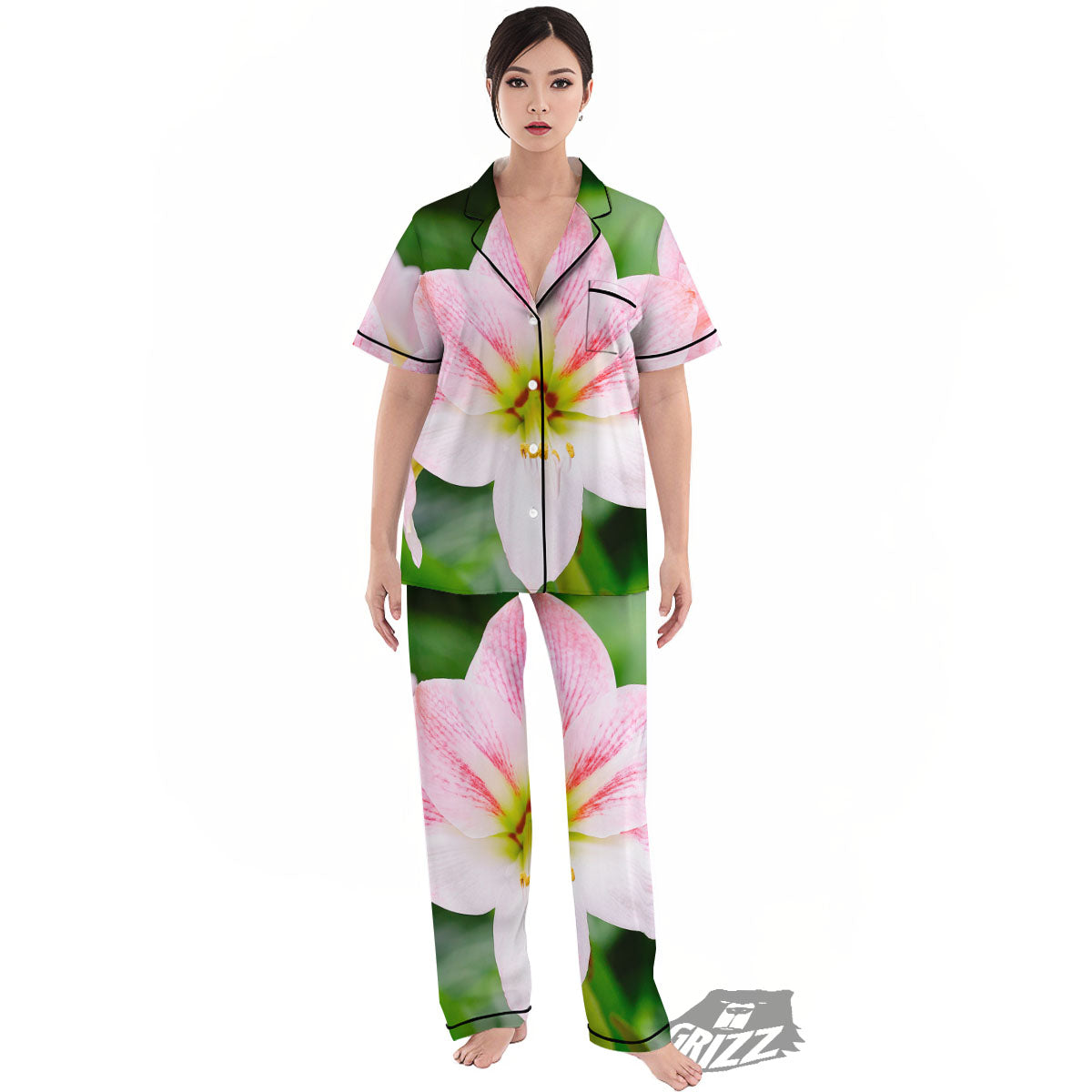 Amaryllis Pink And White Print Women's Pajamas Set-grizzshop