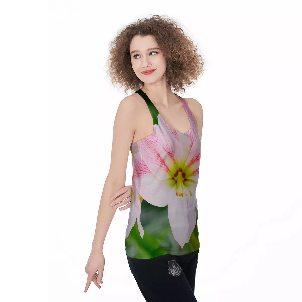 Amaryllis Pink And White Print Women's Racerback Tank Top-grizzshop