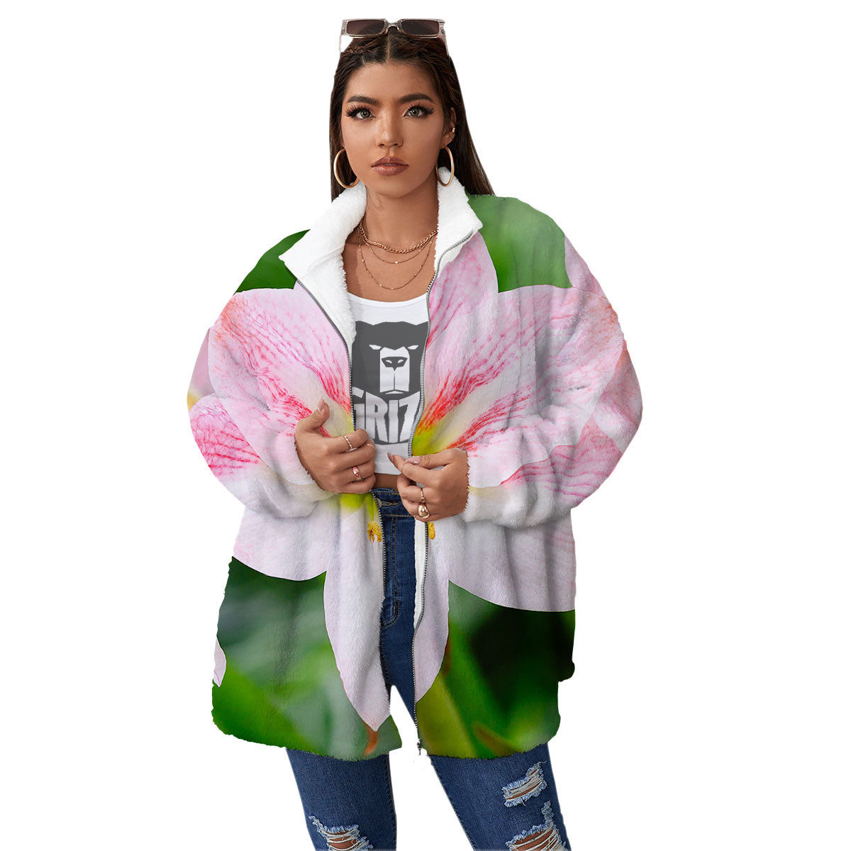Amaryllis Pink And White Print Women's Sherpa Jacket-grizzshop