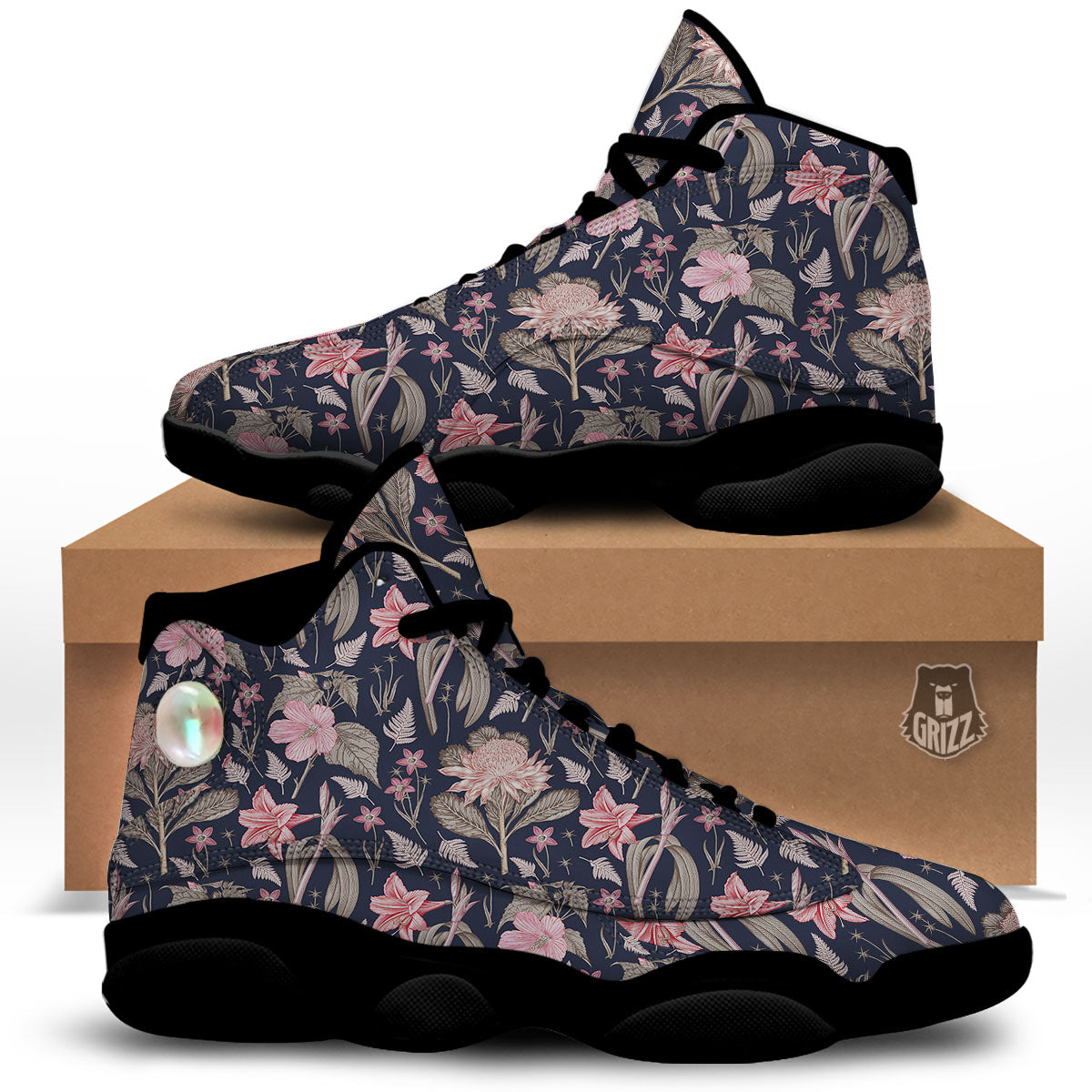 Amaryllis Pink Print Pattern Black Basketball Shoes-grizzshop