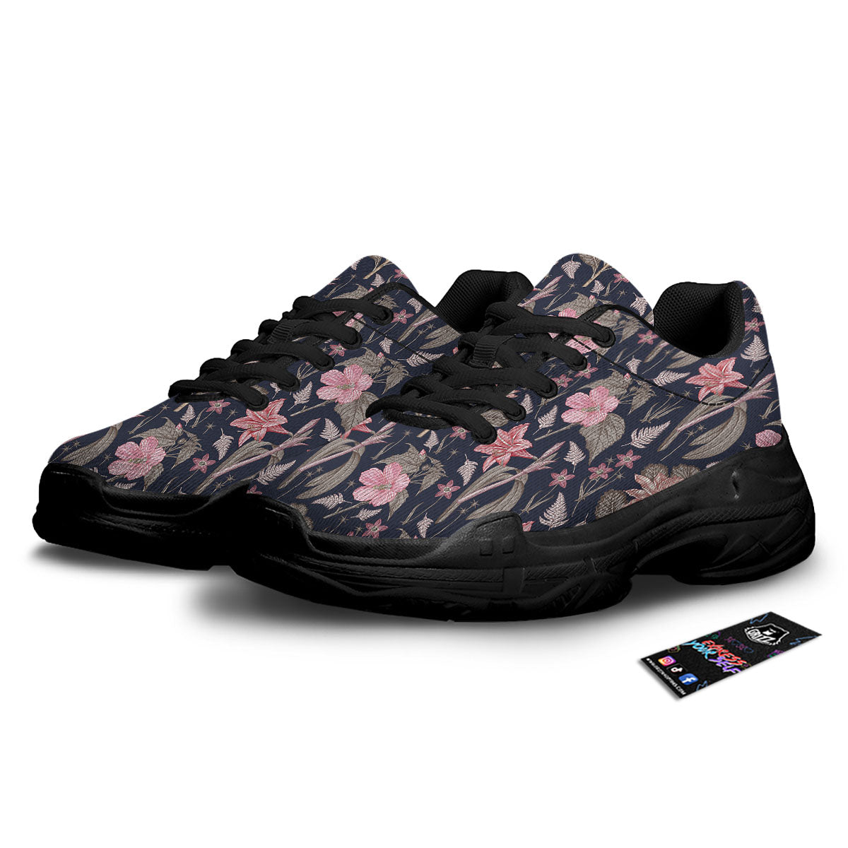 Amaryllis Pink Print Pattern Black Chunky Shoes-grizzshop