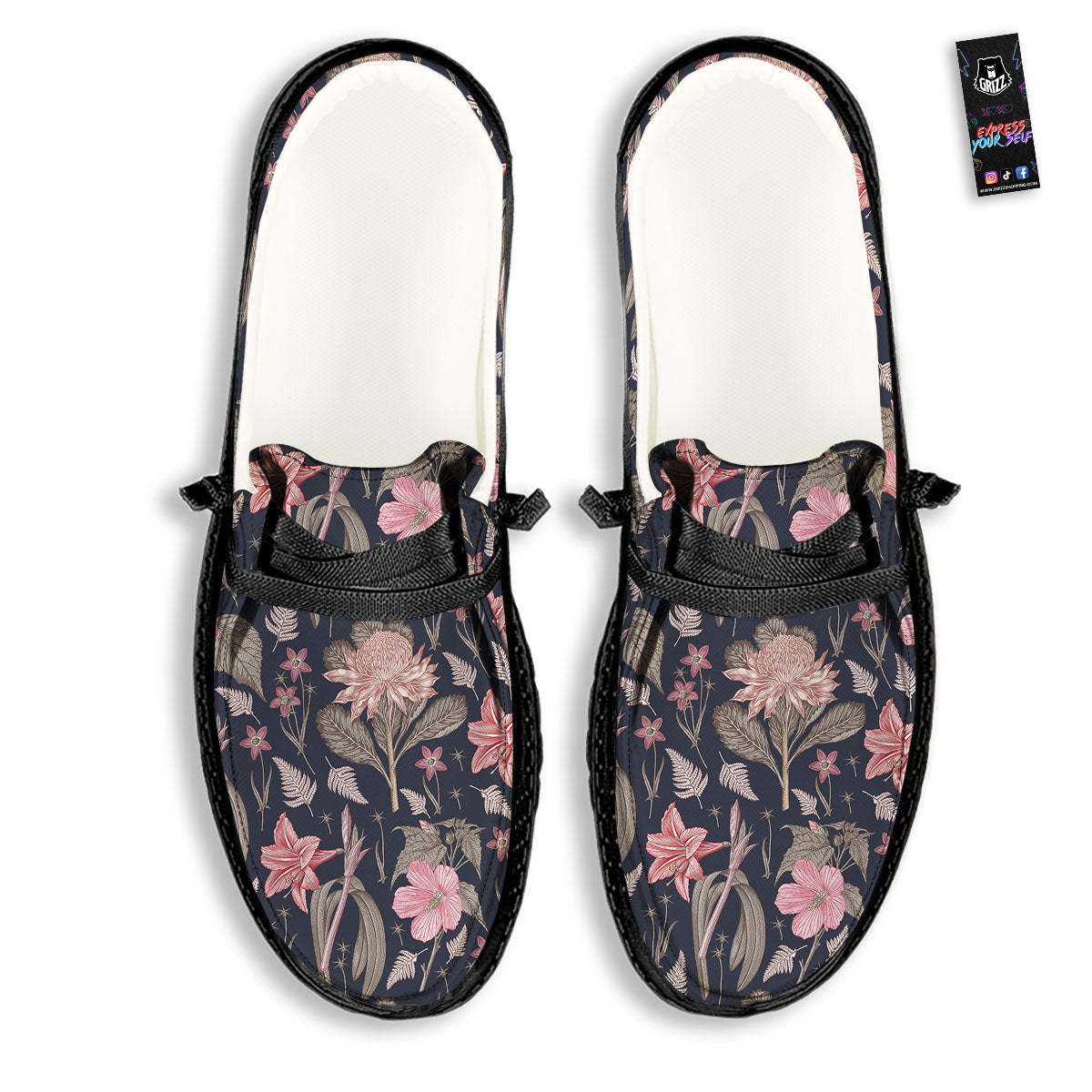 Amaryllis Pink Print Pattern Black Loafers-grizzshop