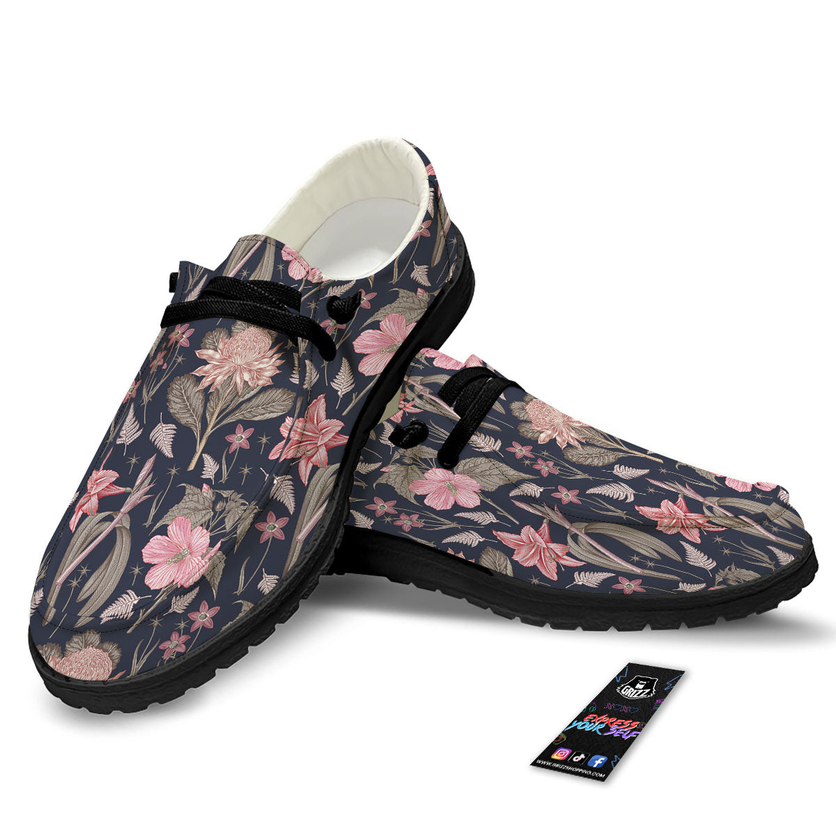Amaryllis Pink Print Pattern Black Loafers-grizzshop