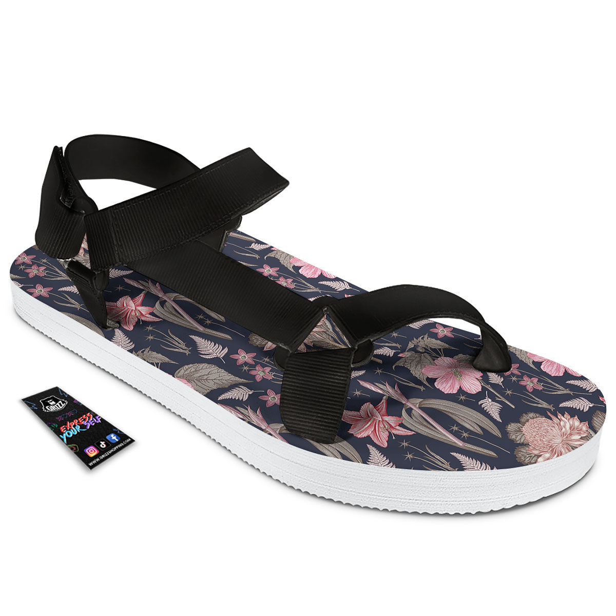 Amaryllis Pink Print Pattern Black Open Toe Sandals-grizzshop