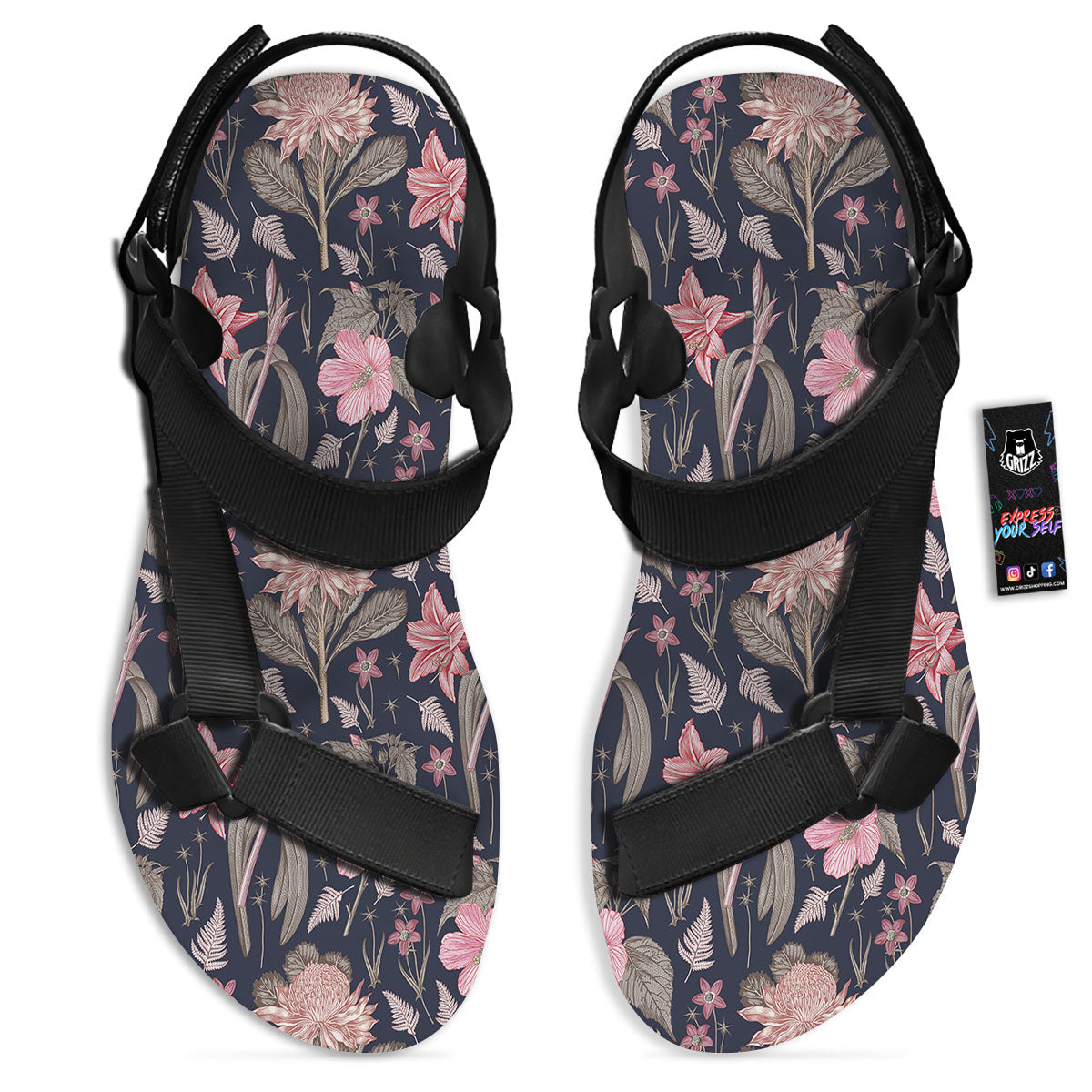 Amaryllis Pink Print Pattern Black Open Toe Sandals-grizzshop