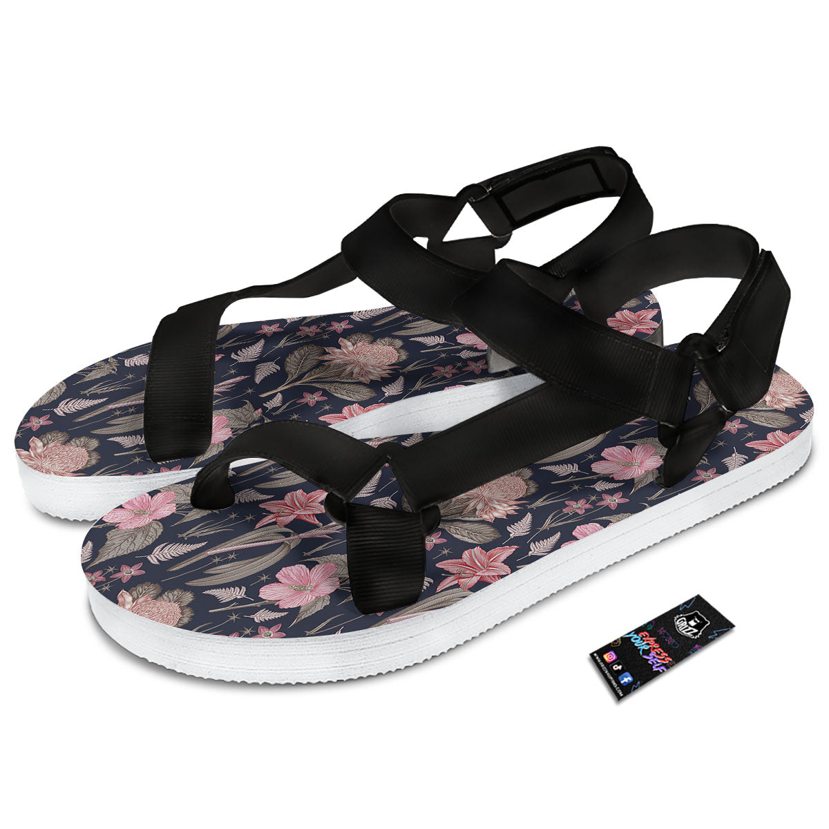 Amaryllis Pink Print Pattern Black Open Toe Sandals-grizzshop