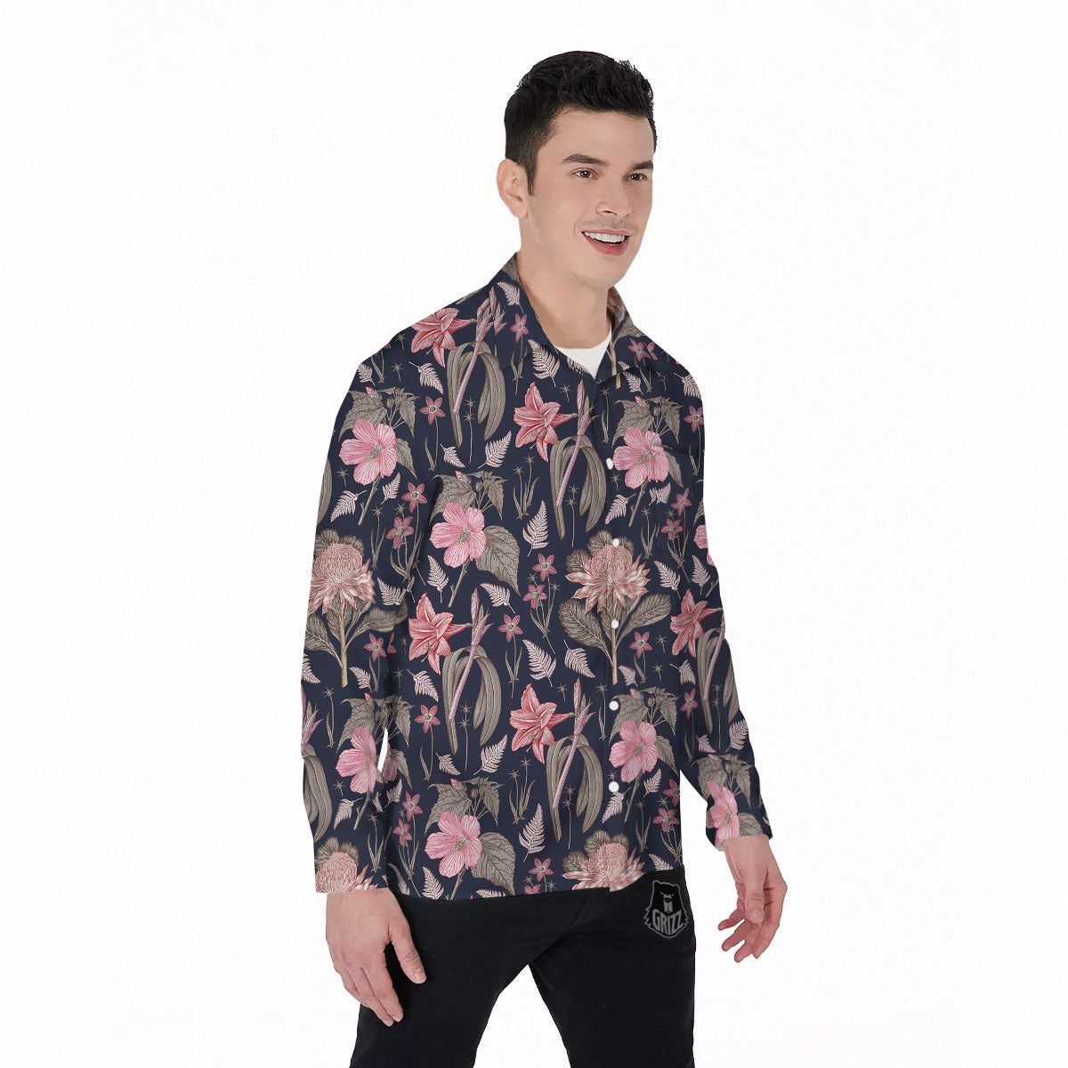 Amaryllis Pink Print Pattern Men's Long Sleeve Shirts-grizzshop