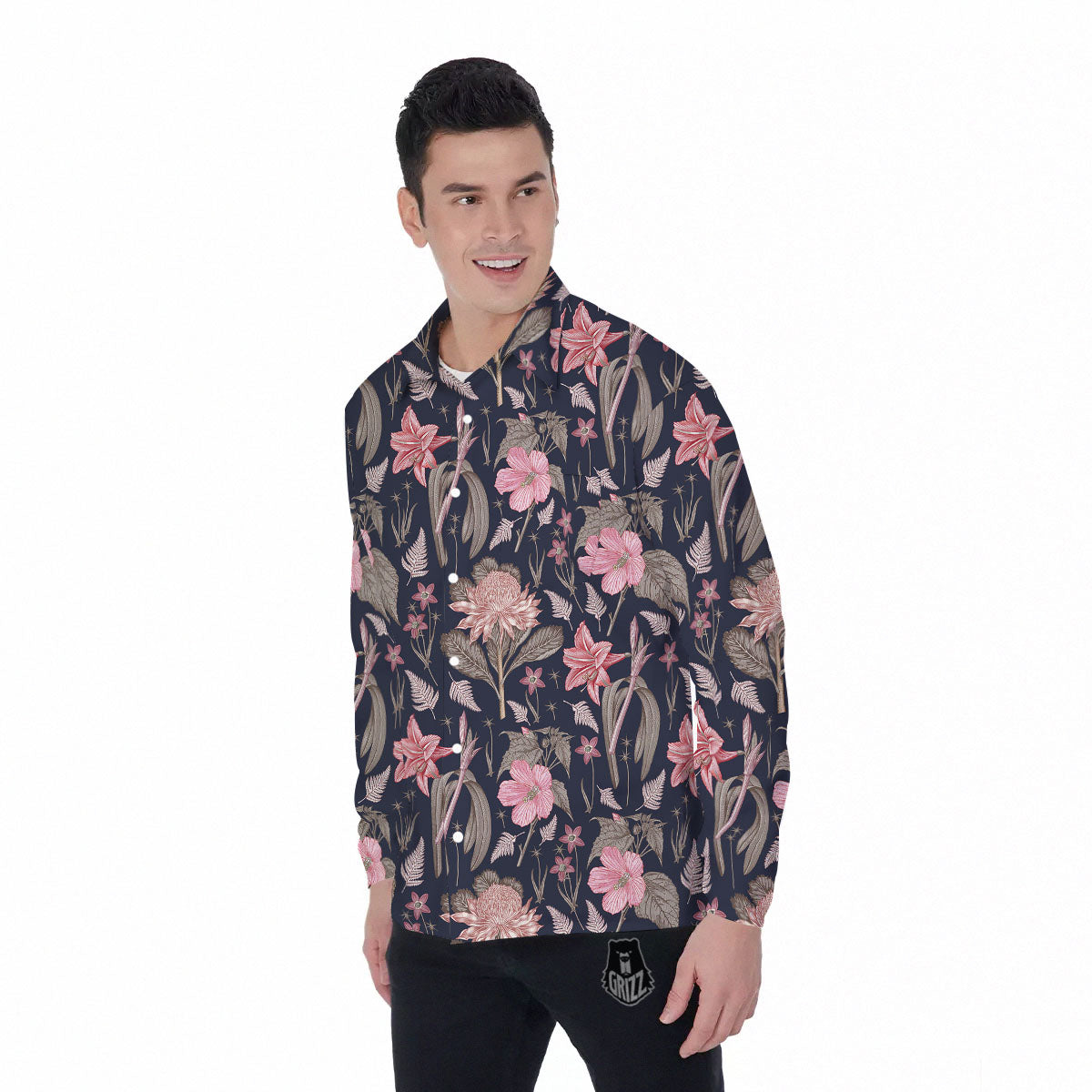 Amaryllis Pink Print Pattern Men's Long Sleeve Shirts-grizzshop