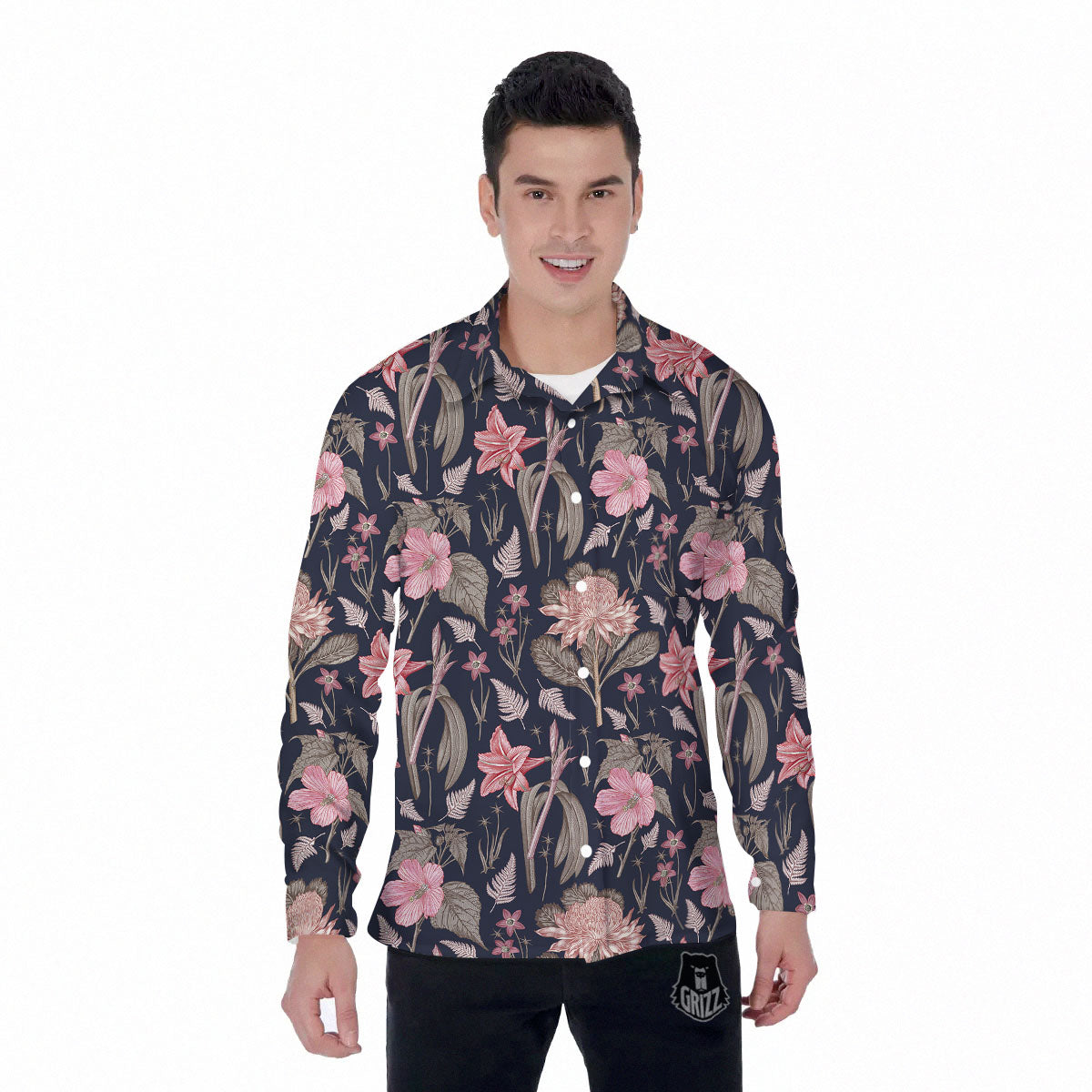 Amaryllis Pink Print Pattern Men's Long Sleeve Shirts-grizzshop