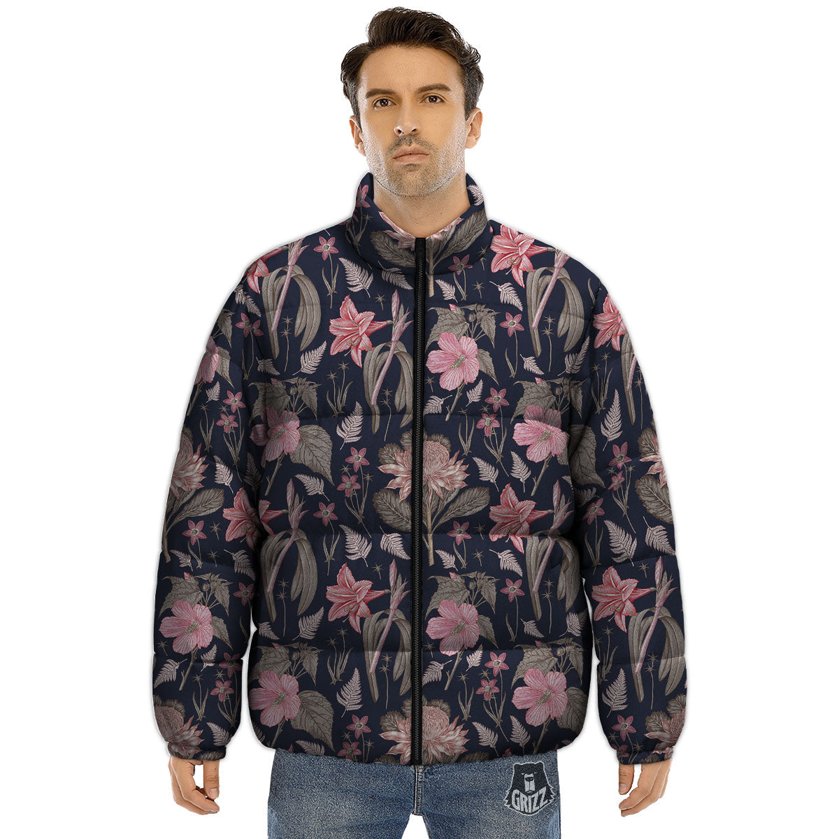 Amaryllis Pink Print Pattern Puffer Jacket-grizzshop