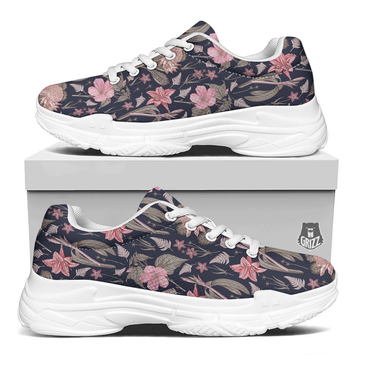 Amaryllis Pink Print Pattern White Chunky Shoes-grizzshop