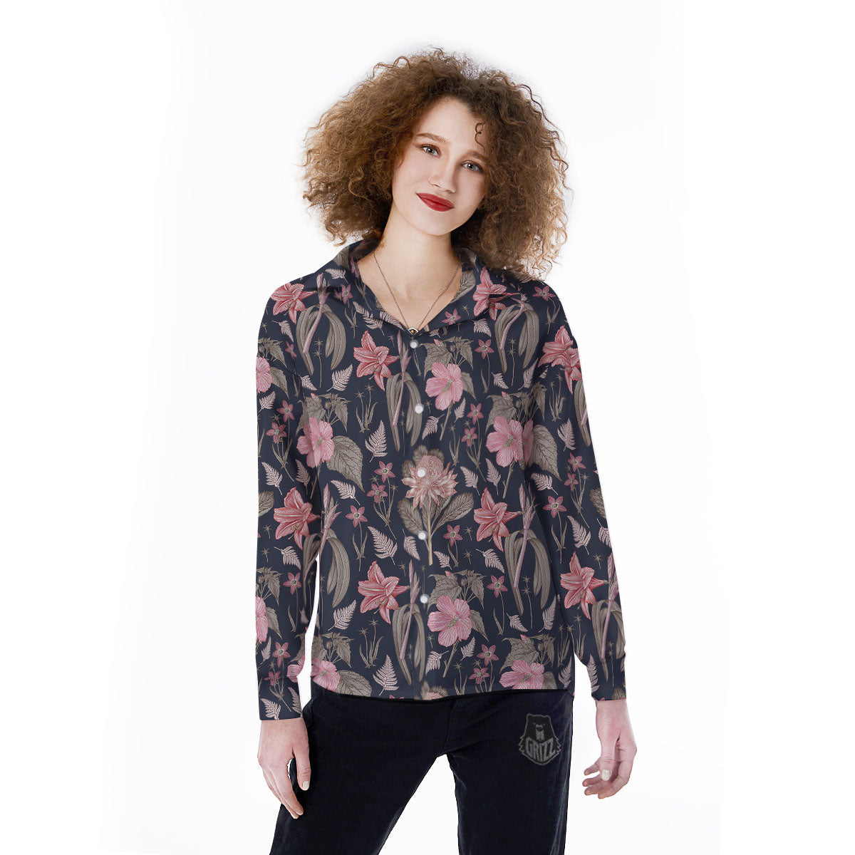 Amaryllis Pink Print Pattern Women's Long Sleeve Shirts-grizzshop