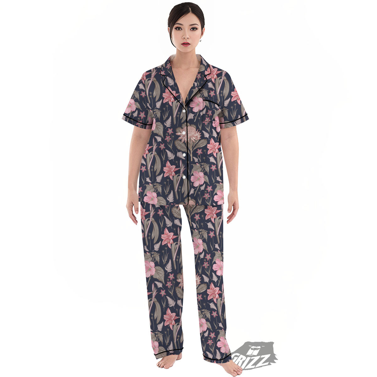 Amaryllis Pink Print Pattern Women's Pajamas Set-grizzshop
