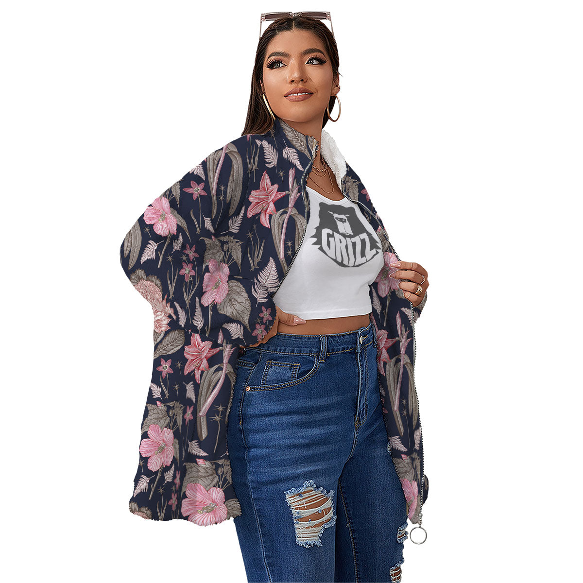 Amaryllis Pink Print Pattern Women's Sherpa Jacket-grizzshop