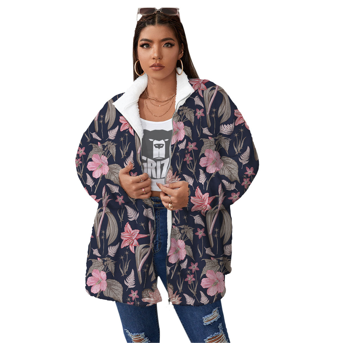 Amaryllis Pink Print Pattern Women's Sherpa Jacket-grizzshop