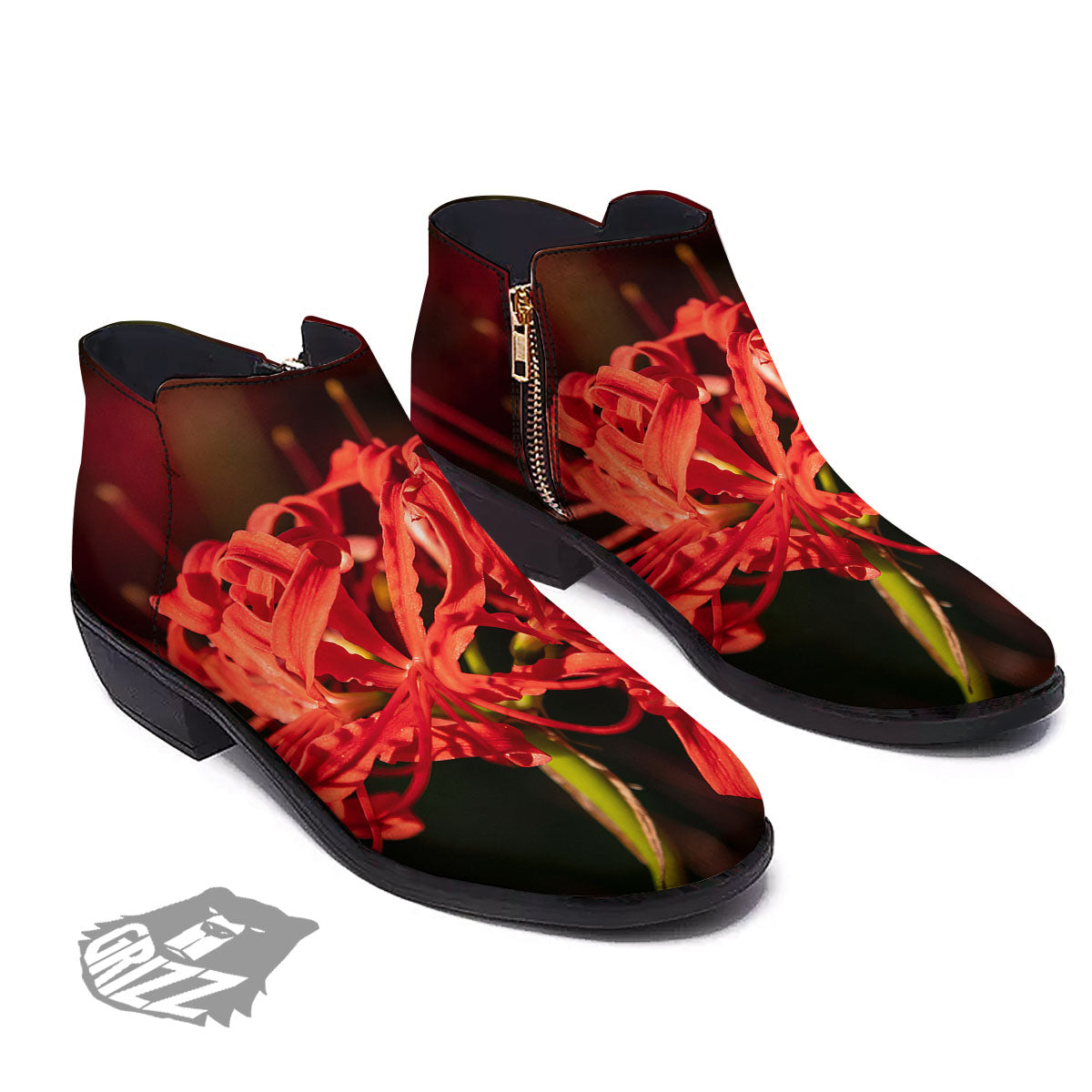 Amaryllis Red Japanese Print Ankle Boots-grizzshop