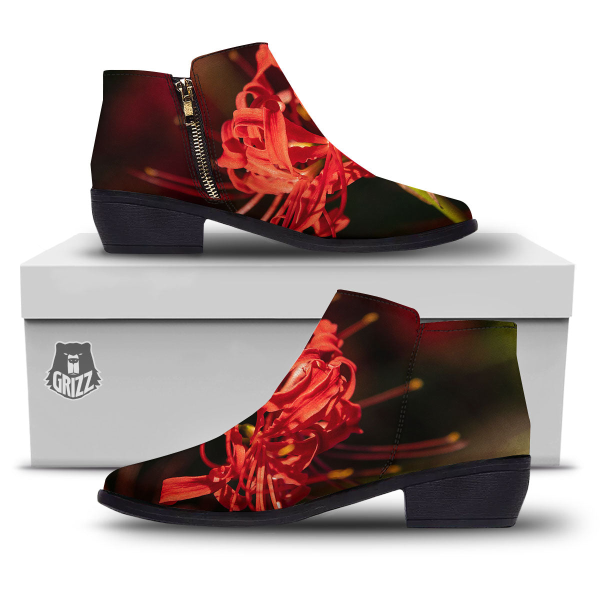 Amaryllis Red Japanese Print Ankle Boots-grizzshop
