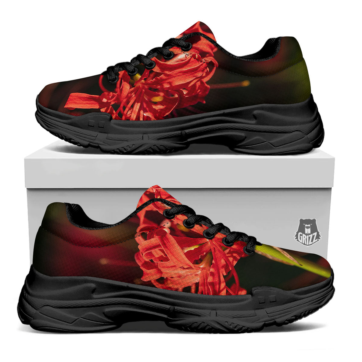 Amaryllis Red Japanese Print Black Chunky Shoes-grizzshop