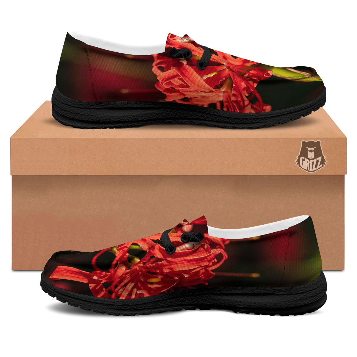Amaryllis Red Japanese Print Black Loafers-grizzshop