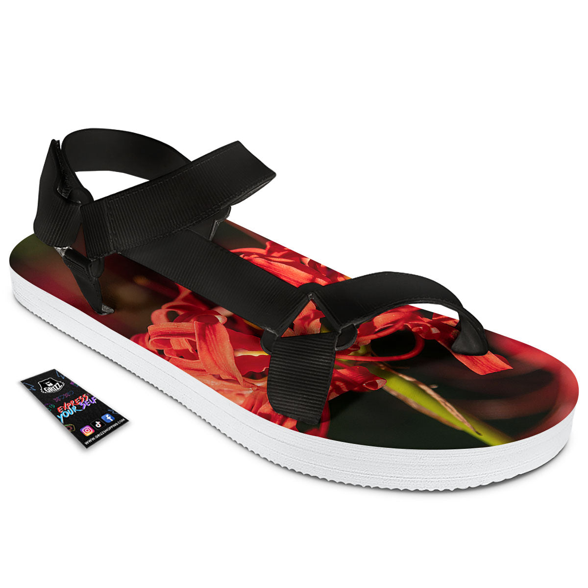 Amaryllis Red Japanese Print Black Open Toe Sandals-grizzshop