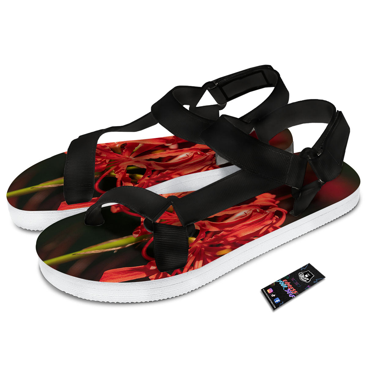 Amaryllis Red Japanese Print Black Open Toe Sandals-grizzshop
