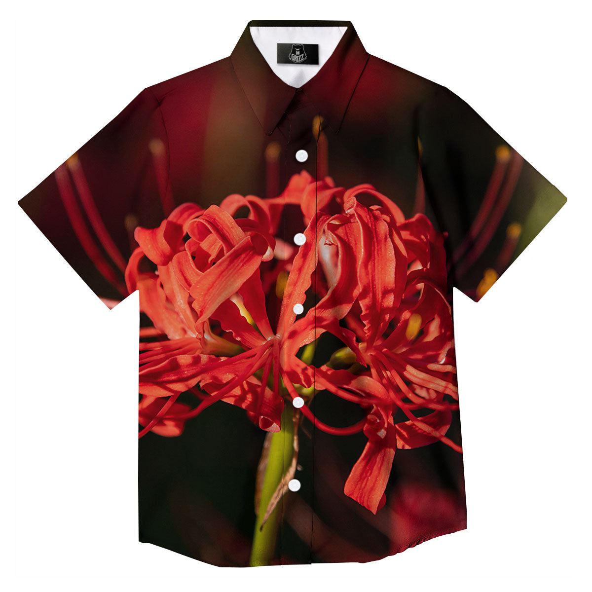 Amaryllis Red Japanese Print Button Up Shirt-grizzshop