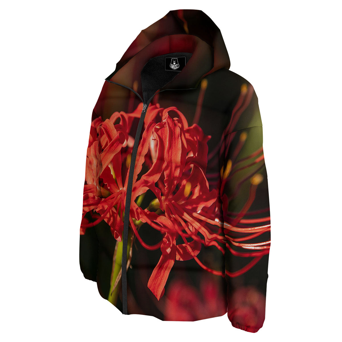 Amaryllis Red Japanese Print Down Jacket-grizzshop