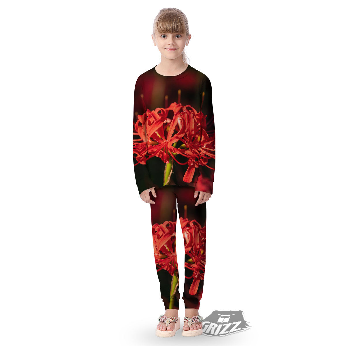 Amaryllis Red Japanese Print Kid's Pajamas-grizzshop