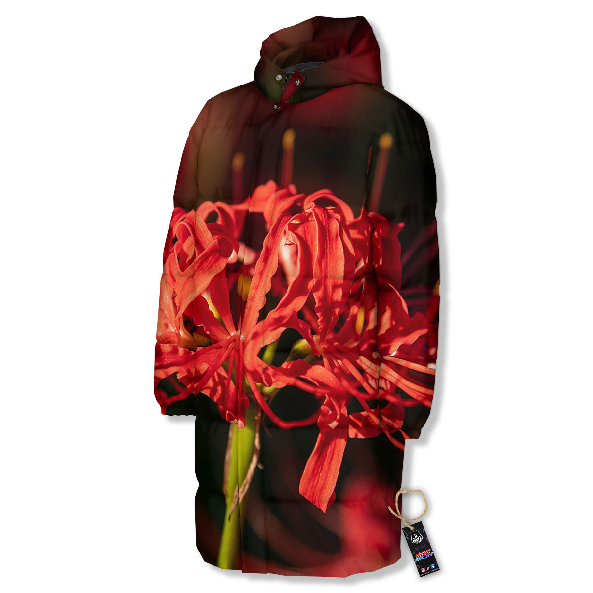 Amaryllis Red Japanese Print Long Down Jacket-grizzshop