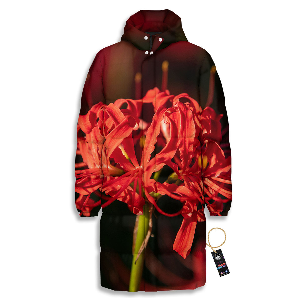 Amaryllis Red Japanese Print Long Down Jacket-grizzshop
