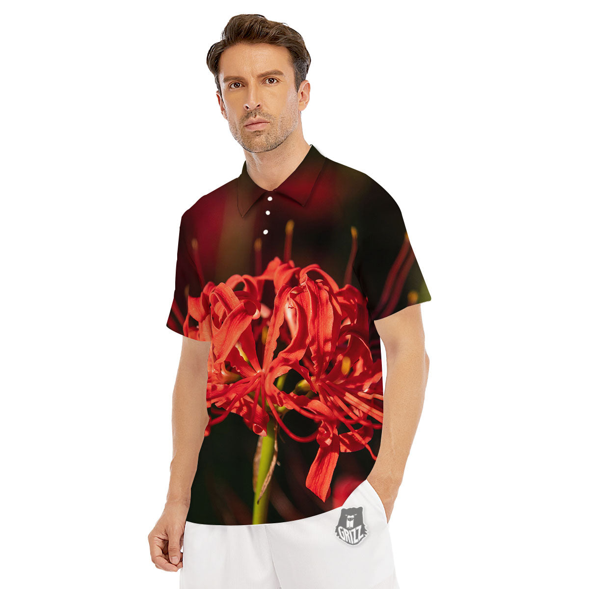 Amaryllis Red Japanese Print Men's Golf Shirts-grizzshop