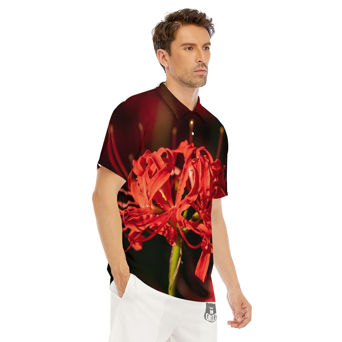 Amaryllis Red Japanese Print Men's Golf Shirts-grizzshop