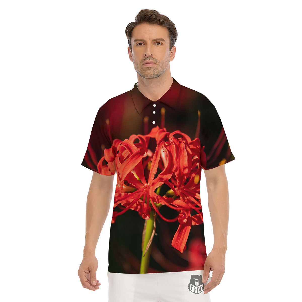 Amaryllis Red Japanese Print Men's Golf Shirts-grizzshop