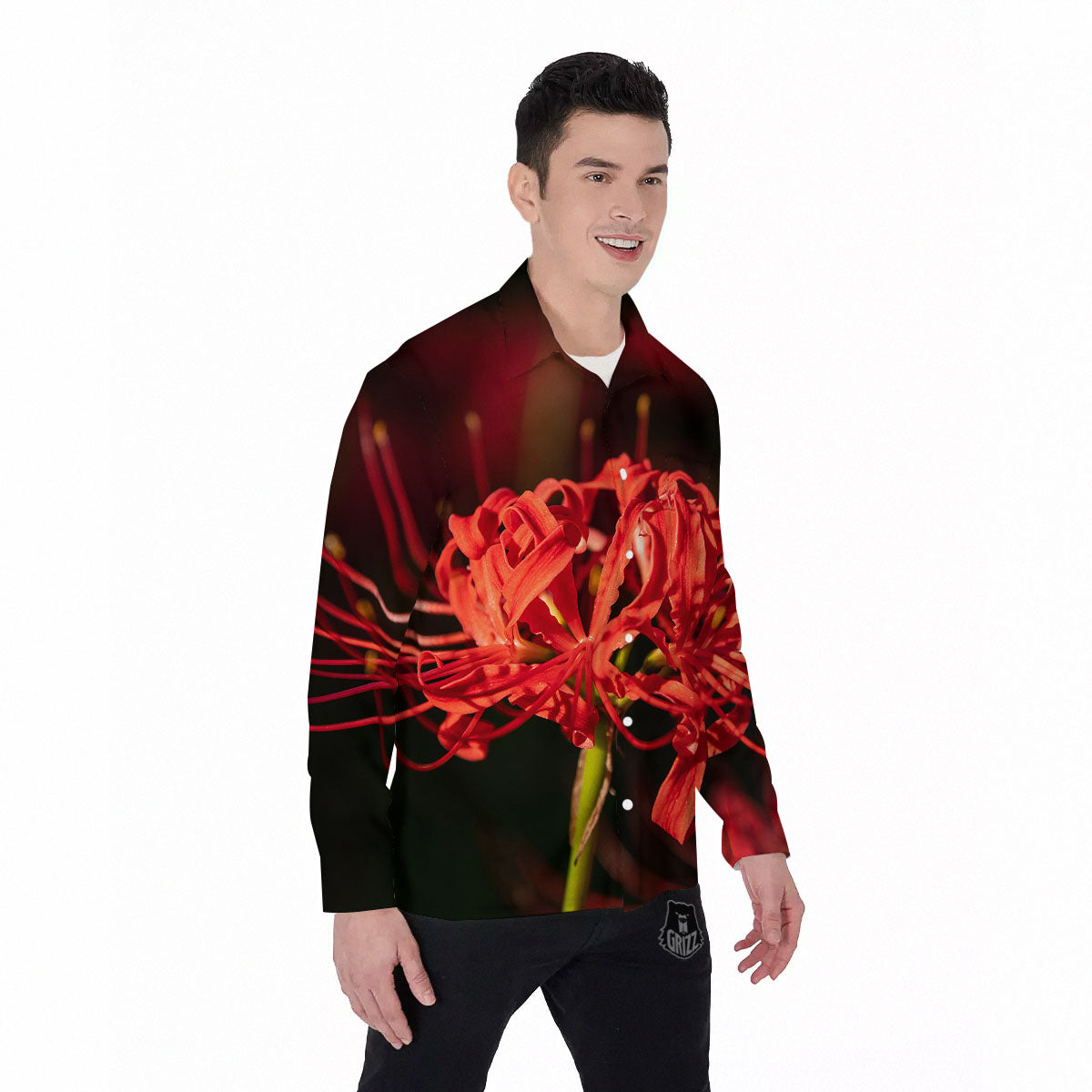 Amaryllis Red Japanese Print Men's Long Sleeve Shirts-grizzshop