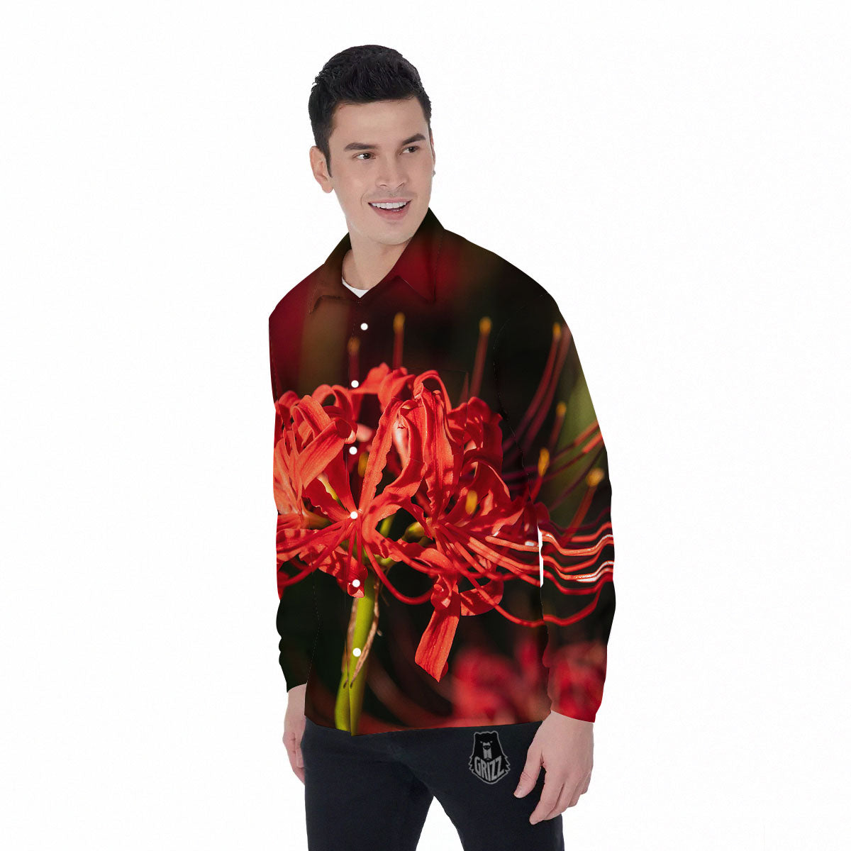 Amaryllis Red Japanese Print Men's Long Sleeve Shirts-grizzshop