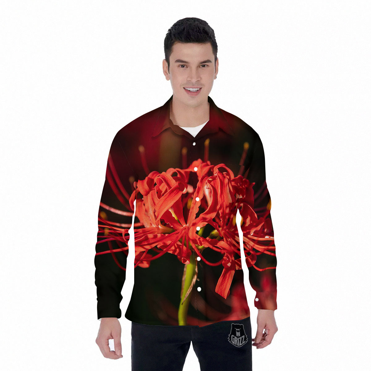 Amaryllis Red Japanese Print Men's Long Sleeve Shirts-grizzshop